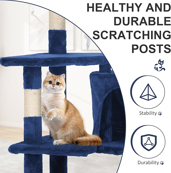 36-Inch Ergonomic Cat Activity Tower with Sisal-Wrapped Columns & Toys - Modular Design Saves Floor Space While Providing 3-Tier Vertical Play Zones for Multiple Indoor Cats（Navy Blue）