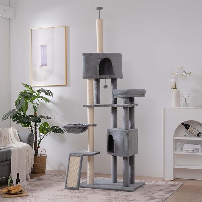 Cat Tree for Indoor Cats 105" Tall Cat Tower Multi-Level Cat Condo with 3 Perches 2 Caves Cozy Basket Scratching Board Pet Supplies Gray