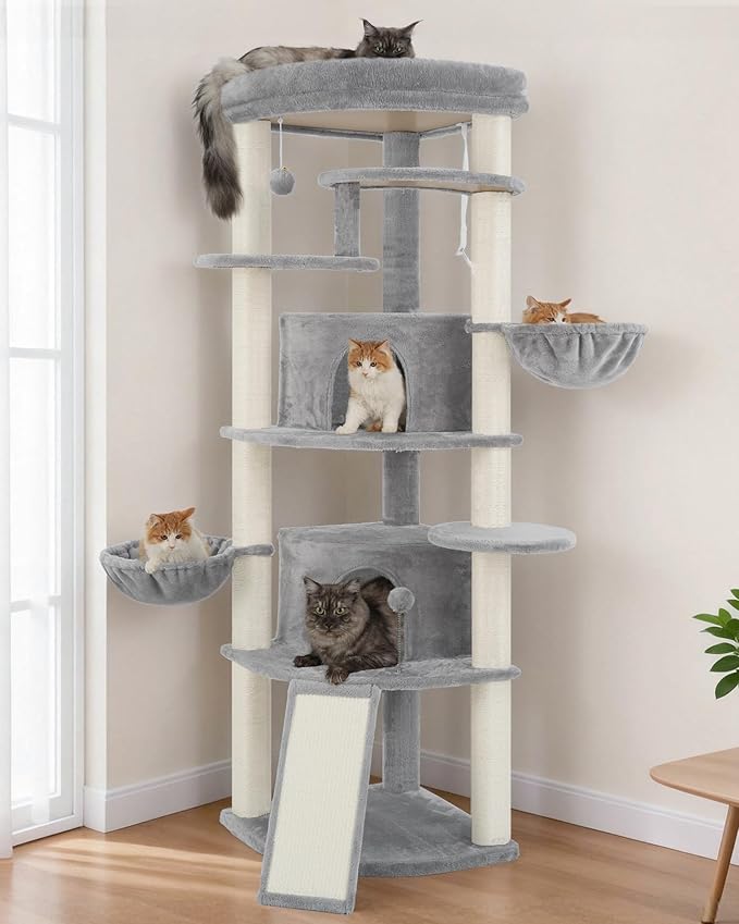 Corner Cat Tree for Indoor Cats, Cat Tower with All Sisal Scratching Posts, Multi-Level Cat Condo wth 2 Large Cat Caves, Big Top Perch, 2 Hanging Baskets, Sisal Ramp, Light Gray GCT035W