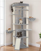 Corner Cat Tree for Indoor Cats, Cat Tower with All Sisal Scratching Posts, Multi-Level Cat Condo wth 2 Large Cat Caves, Big Top Perch, 2 Hanging Baskets, Sisal Ramp, Light Gray GCT035W