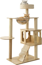EUREKA ERGONOMIC Cat Tree Tower, 46.5 Inch Modern Cat Tower with Scratching Post, Multi-Level Large Cat Condo Wooden Cat Stand with House, Pompoms, Cat Tree with Scratch Pad (Yellow)