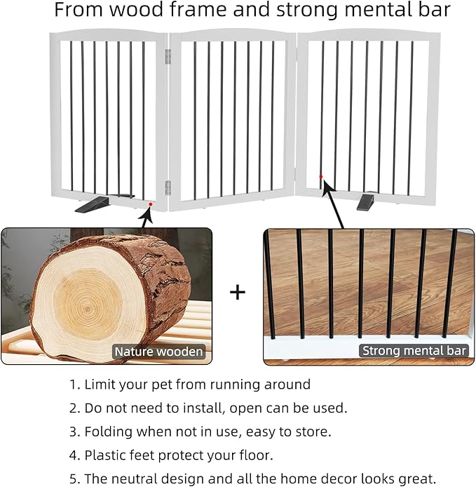 Freestanding Panel Dog Gate for Indoor, Doorways,Stairs, or Hallways,Foldable Wooden Dog Fence for House,Pet Gate for Dogs, Puppy Gate,Support Feet Included,24 "Height-3 Panels,White