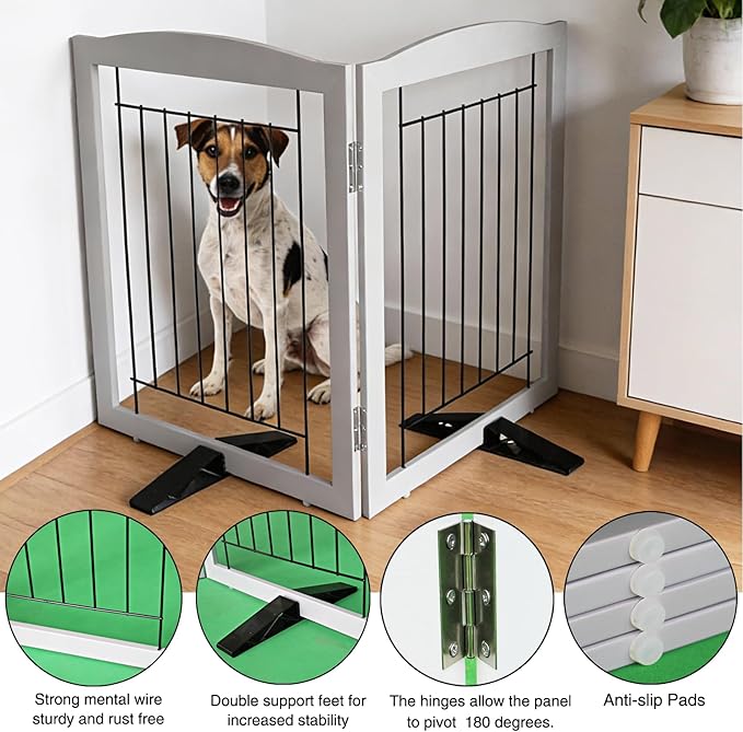 Dog Fence Indoor,Dog Gate Indoor for Doorway pet gate -2-Panel Freestanding, Hallways, House or Stairs -40x24-Inch Retractable Foldable Expandable Wood Pet by SFJC (Grey) ﻿