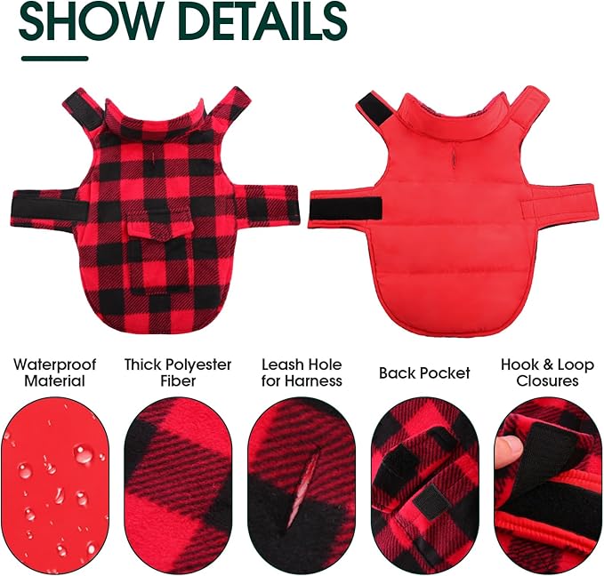 Kuoser Dog Winter Coat, Windproof Dog Fleece Jacket British Style Plaid Cold Weather Doggie Vest Coats, Reversible Cozy Warm Puppy Clothes Pet Apparel for Small Dogs S