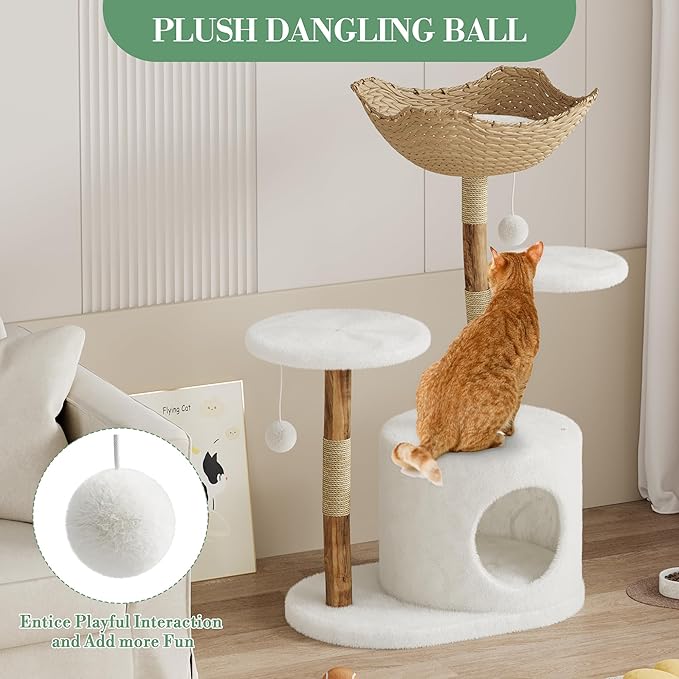 Real Solid Wood Modern Cat Tree Tower with 2 Platforms,Aesthetic Cat Tree for Indoor Cats, Kittens Condo with Scratching Post, Stylish Cat Furniture, Stable Boho Pet Furniture