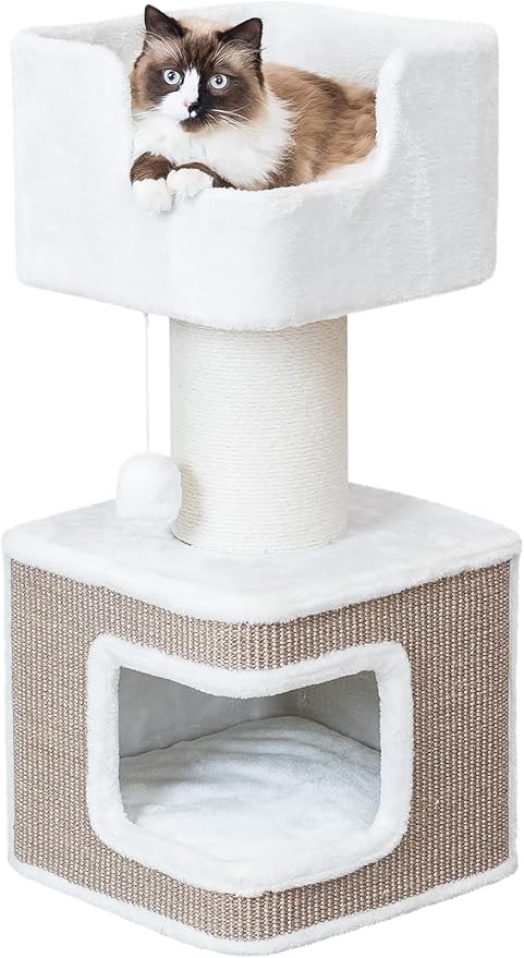 TRIXIE Ava Cat Tree with Condo, Cozy Top Platform with Removable Cushion, Dangling Cat Toy