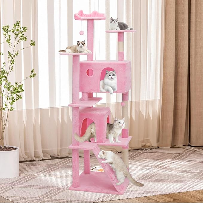Athena Collection Modern Cat Tree Tower, 77 Inch Tall Cat Tree Climbing Tower with Scratching Post 2 Condo Multi-Level Activity Center and Playing Ball for Indoor Large Adult, Pink