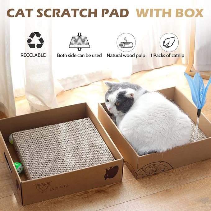 Cat Scratcher Box with 3 PCS Scratching Pads, Reversible Corrugated Cardboard Lounge Bed with Feather Toy and Balls Recyclable Cat Scratcher Cardboard for Indoor Cats