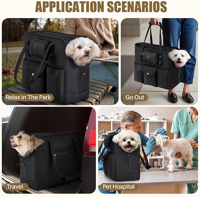 SlowTon Dog Purse Carrier - Portable Dog Carrier with Pockets & Safety Leash for Small Dogs Under 12 lbs, Breathable Pet Tote Bag for Cat Rabbit Outing, Travel, Vet (Black)