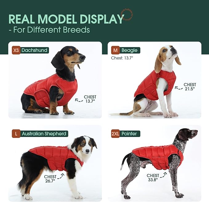 Kuoser Dog Puffer Jacket Warm Dog Coat for Small Medium Dogs, Windproof Reflective Pet Padded Vest Cold Weather Clothes Puppy Snowsuit with Hook & Loop Coats, Easy On/Off, Red M