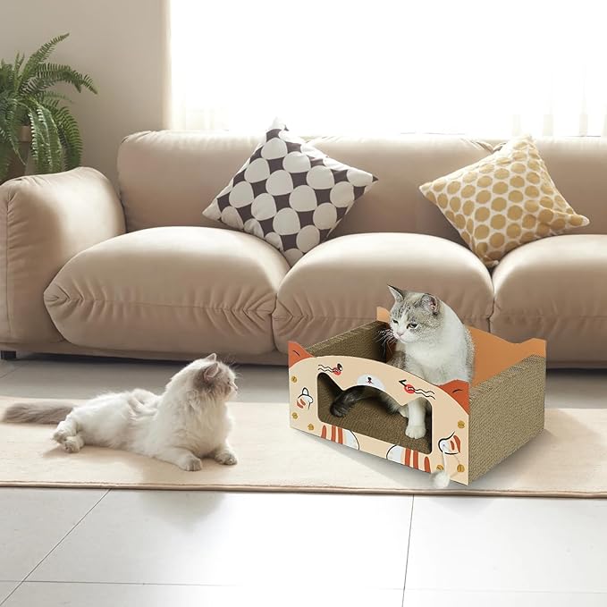 Large Heavy Duty Cardboard Cat Scratcher Box and Cat Bed with Refillable Scratch Pad - Perfect for Indoor Cats - Cozy and Durable