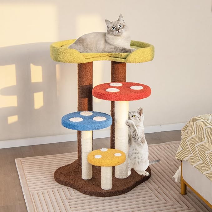 Giantex Cute Cat Tree - 37 Inches Mushroom Cat Tower with 3 Full-Wrapped Sisal Scratching Post, Padded Top Perch, Washable Mat, Multi-Level Cat Activity Tree for Indoor Cats Kitten