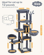 59" Cat Tree, Cat Tower for Large Cats, Multi-Level Cat Tower with 3 Removable Pompom Sticks, Cat Tree for Indoor Cats, Cat Condo with Large Hammock, Scratching Post, and 2 Perches, Dark Gray