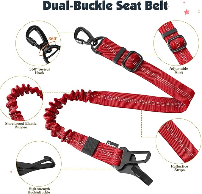 Pawaboo Dog Seat Belt Harness for Car, Dog Car Harness Seatbelt with Double Clips, Adjustable Breathable Pet Vest & Dogs Safety Tether with Elastic Bungee for Small Medium Large Pet, L, Red+Black
