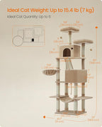 Feandrea Cat Tree, 81.1-Inch Large Cat Tower, Multi-Level Plush Condo with 13 Scratching Posts, 2 Perches, 2 Caves, Basket, Hammock, Pompoms, Camel Brown UPCT190K01