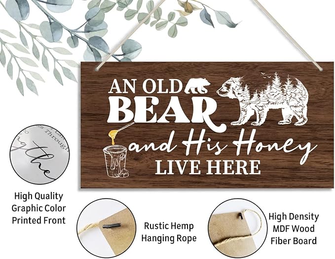 Funny Animal Theme Wood Decor Sign, Old Bear and His Honey Live Here, Hanging Printed Wooden Plaque Décor, Vintage Wall Decoration, Bear Hanging Wall Art, Bedroom Décor Sign 12x 6inch
