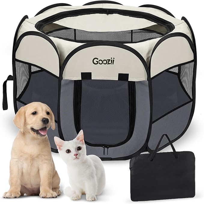 Pet Cat Playpen for Indoor Cats Enclosed, Puppy Dog Play Pen for Outdoor Travel Camping (Large Size, Beige & Dark Grey)