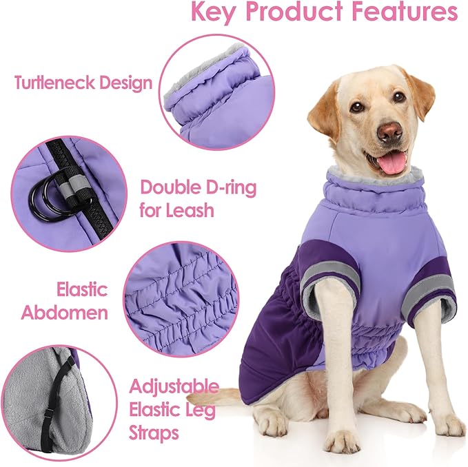 AOFITEE Dog Coat- Two Legged Extra Large Dog Winter Jacket - Zipper Dogs Cold Weather Coat with Harness, Warm Pet Puffer Jackets Reflective Pet Snow Coats for Great Dane, Purple 3XL