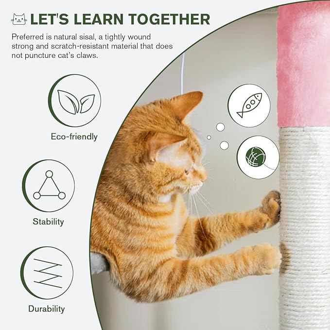 MUTICOR 68 Inches Multi-Level Large Cat Tree Tower with Condo/Cozy Plush Perches/Sisal Scratching Posts and Hammocks/‌Feline Activity Center Play House/Wide Base/Pink