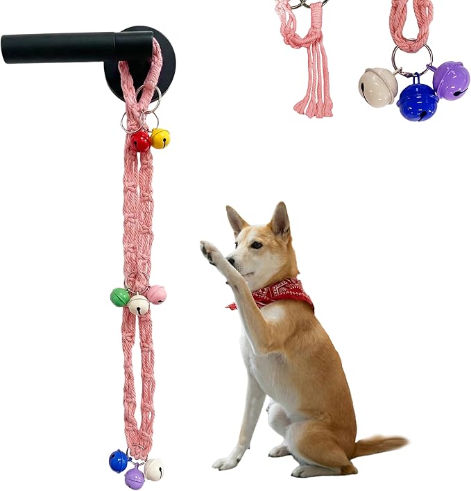 Dog Door Bell for Potty Training, Adjustable Dog Bells to Go Outside with Removable Bells Ring, Handmade Twisted Rope Puppy Training Bell (Pink)