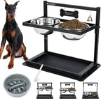 Elevated Dog Bowls with Slow Feeder for Large and Medium Dogs, Adjustable Height Raised Dog Bowl Stand with 2 Stainless Steel Bowls and Spill-Proof Mat, Dog Feeder for Healthy Eating (Grey)