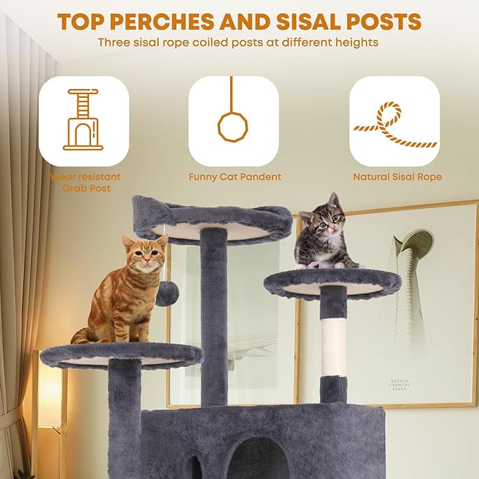 54in Cat Tree Tower for Indoor Cats, Cat Tower with Cat Scratching Post, Multi-Level Cat Furniture, Cat Tower with Funny Toys for Kittens-Ashy