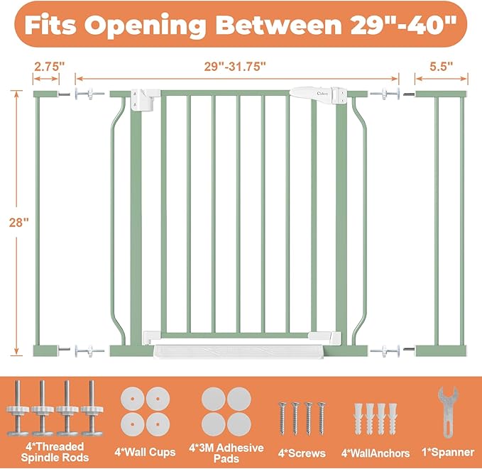 29"-40" Baby Gate for Stairs, Auto Close Stroller Friendly Dog Gate Indoor for Doorways, Pressure Mounted Baby Gate, Easy Walk Through Gate for Children & Pets, Green