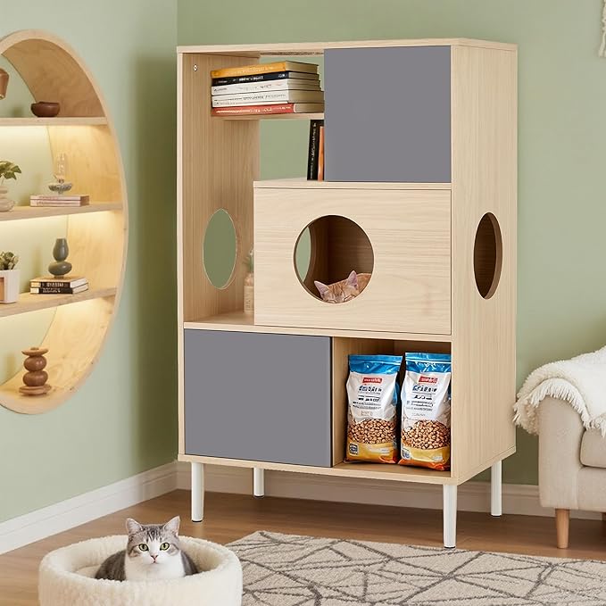 2 in 1 Modern Cat Tree Bookshelf with Storage, Wood Bookcase with Litter Box Enclosure, Cat Climbing Shelves with Hidden Storage, Natural+Grey
