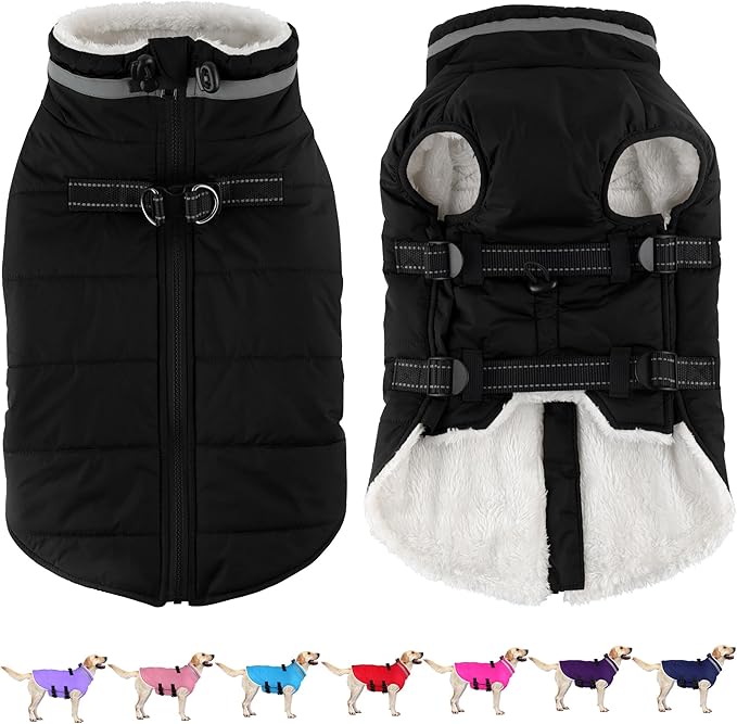 Dogcheer Dog Coat, Waterproof Dog Jacket with Harness, Reflective Adjustable Winter Coat with Zipper, Christmas Pet Snow Jacket Clothes for Small Medium Large Dogs - Black M