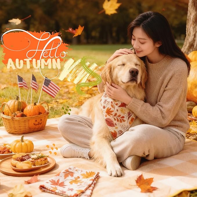 Dog Fall Bandanas - Colorful Autumn Leaves, Acorns & Berries Print, Thanksgiving Holiday Triangle Pet Scarf with Snap Button, Medium and Large Breed, 30-75lbs