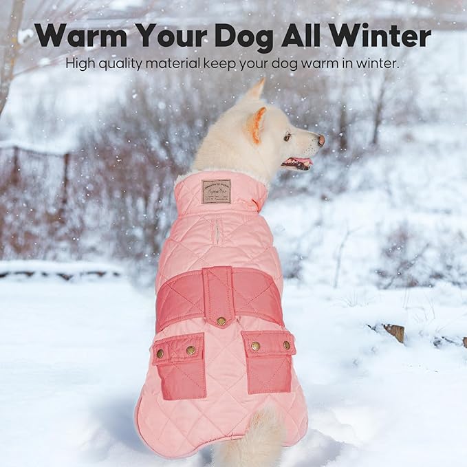 KYEESE Dog Coat Thick Pets Clothes with Pocket Windproof Dog Coats for Small Dogs Waterproof Dogs Jacket with Fleece Lined Soft Pet Sweater for Cold Weather Warm Pet Winter Puffer Coat with Leash Hole
