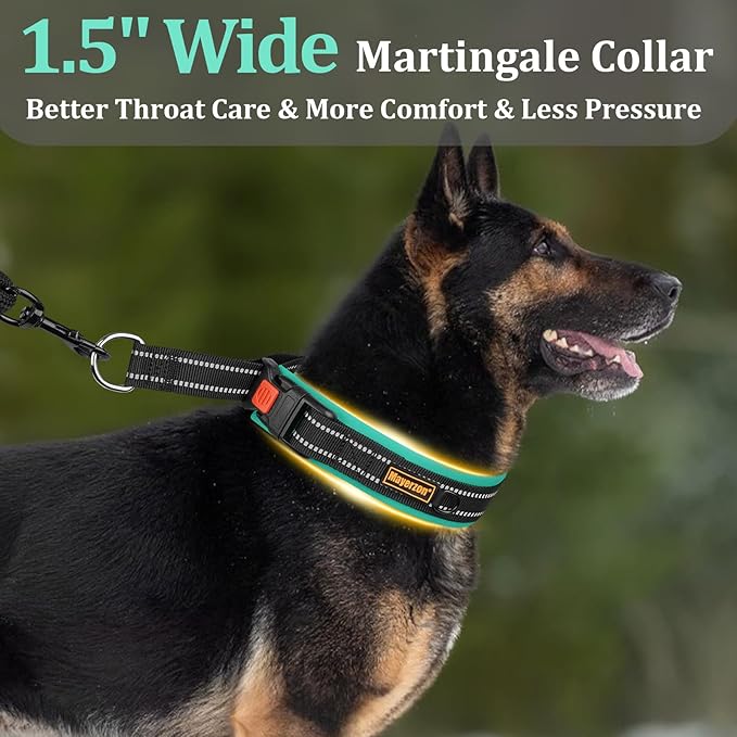 Mayerzon 1.5" Wide Martingale Collar for Large Medium Small Dogs Pitbull German Shepherd, No Pull Reflective Slip Martingale Dog Collar with Buckle Soft Padded for Walking Training(Teal,L)