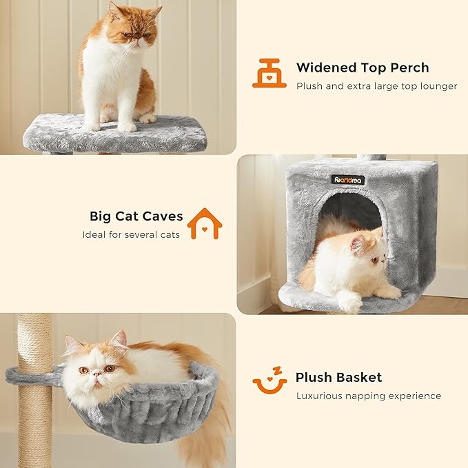 Feandrea Cat Tree, Small Cat Tower, 33.1-Inch Cat Condo with Basket, Cat Cave, Removable Washable Cover for Top Perch, for Small Spaces, Light Gray UPCT142W01