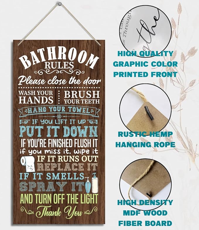 HALUOSI Humorous Wooden Bathroom Sign, 12 x 6 inches, Brown, Rustic Style, Wall Mount