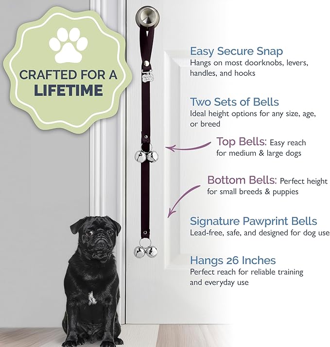 PoochieBells Dog Door Bells for Potty Training, Quick & Easy Puppy Potty Training Method Included, Handcrafted in USA with Loud, Paw-Safe Bells, Midnight Black