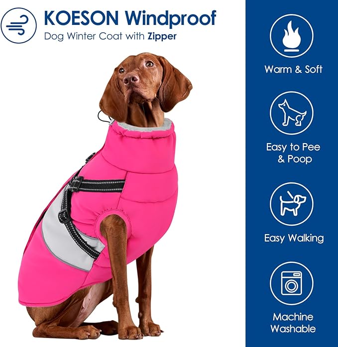 KOESON Dog Coat, Windproof Dog Winter Coat with Harness Built in for Extra Large Dogs, Waterproof Reflective Pet Snow Jacket with Warm Fleece Lining for German Shepherd, Labrador Retriever