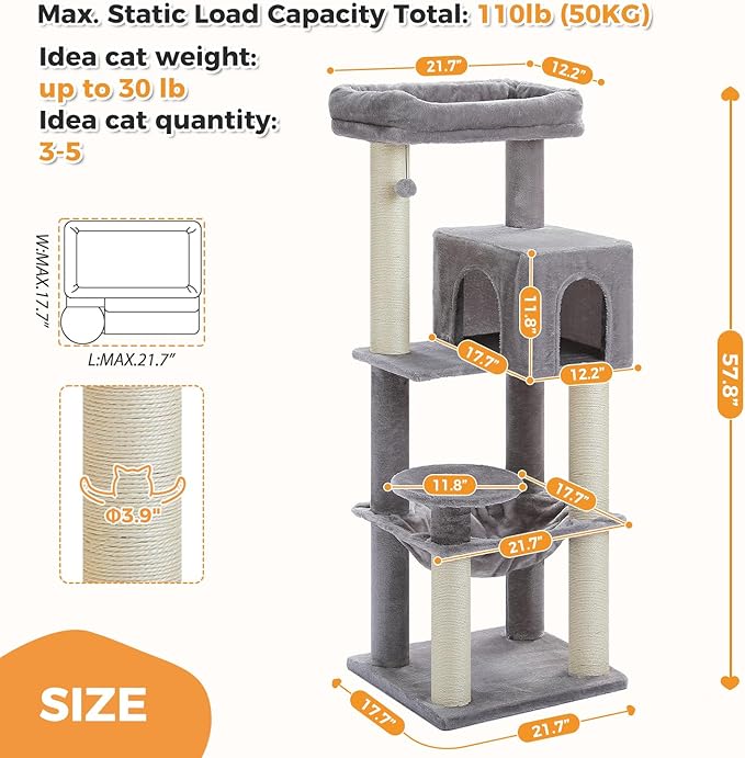 PETEPELA 58" Large Cat Tree for Big Adult Cats up to 25 lbs, Heavy Duty Cat Tower w/Extra-Thick Scratching Posts [φ3.9”], XL Hammock & Spacious Condo, Study Cat Furniture for Maine Coons, Grey