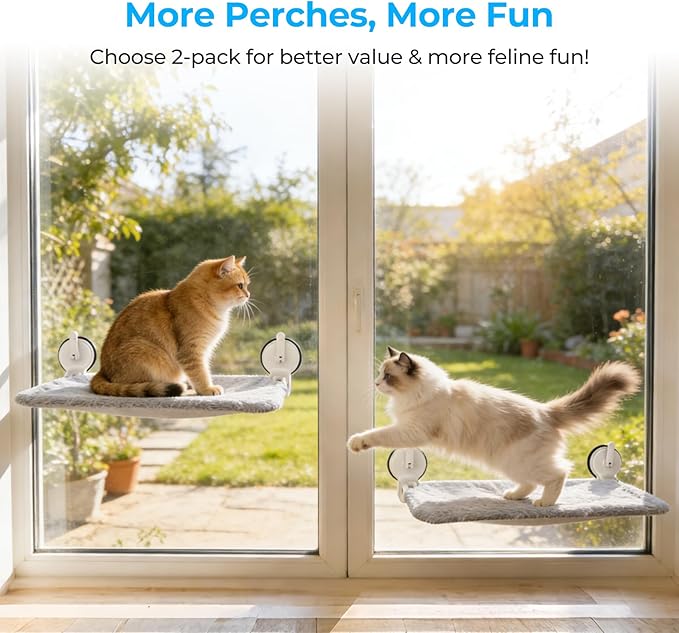 L&W BROS. 2PC Cat Window Perch with Lever Lock Suction Cups Holds up to 50 lbs Foldable & Space Saving Design Heavy Duty Window Hammock for Large or Multiple Cats (M 2Pc)
