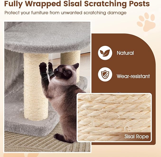 PETSITE 48.5-inch Multi-Level Cat Tree, Modern Cat Tree Tower with Sisal Scratching Posts, Double-Layer Condo, Cute Top Perch, and Multiple Jumping Platforms, Grey