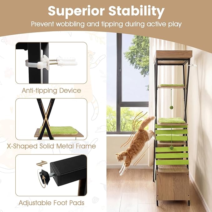 PETSITE 73-inch Tall Modern Cat Tree, Multi-Level Wooden Cat Tower with Scratching Pad, Multiple Platforms with Soft Removable Pads, Condo, and 3 Dangling Balls, Ideal for Indoor Cats (Natural)