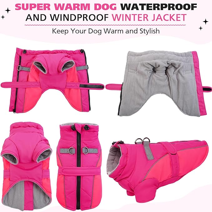 ROZKITCH Dog Winter Coat, Dog Coat for Autumn Winter with Turtleneck, Pet Clothes with Adjustable Waist Strap, Soft Warm Pet Clothing with Reflective Strip for Small Medium Large Dogs Rose Red M