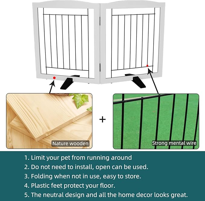 Dog Fence Indoor - 2-Panel Freestanding Dog Gate for Doorways, Hallways, House or Stairs -40x24-Inch Retractable Foldable Expandable Wood Pet by SFJC (White)