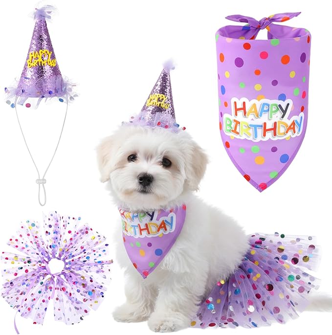 2 Pack Dog Birthday Dress Girl Dog Birthday Bandana with Hat and Dress Girl Set Puppy Party Supplies, Cute Tutu Skirt Outfit for Small Medium Large Dogs Decorations (Purple)