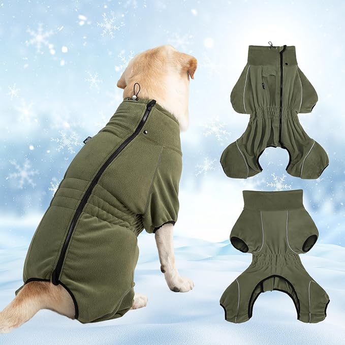 Mihachi Dog Snow Jacket Dog Coat Soft Fleece Pullover Pajamas, Pet Windproof Warm Cold Weather Jacket with Zipper, Reflective Jumpsuit Apparel Outfit Clothes for Large Dog, Army Green L