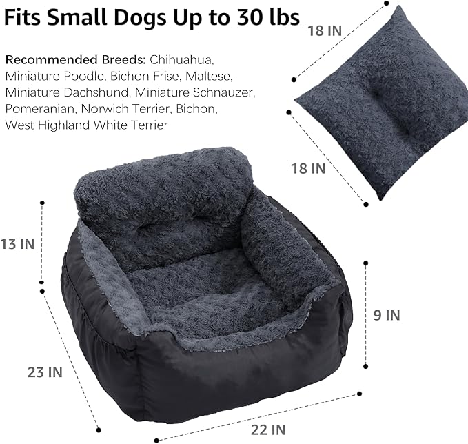 Dog Car Seat for Small Dogs, Washable Pet Booster Seats with Clip-On Safety Leash, Comfy Deluxe Plush Carseat with Storage Pockets, Puppy Car Travel Carrier Bed for Dogs Under 25 lbs, Black