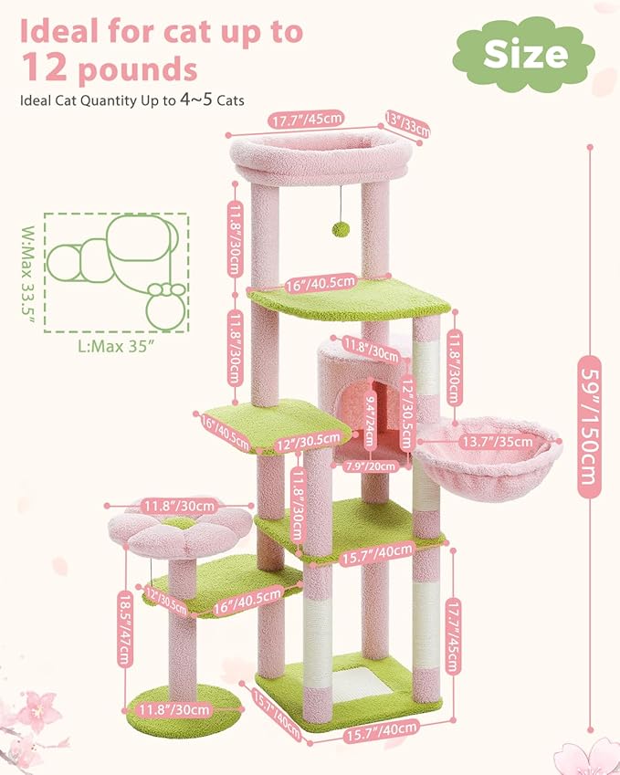 59" Flower Cat Tree for Large Cat, Multi-Level Tower, Cute Cat Tower for Indoor Cats, Cat Condo with Large Hammock, Scratching Post, and 2 Perches, Pink