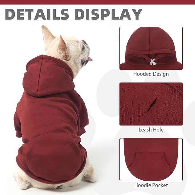 KOOLTAIL Dog Hoodie for Small Medium Dogs Cats,Soft&Warm Pet Sweater with Leash Hole and Pocket Boy Girl,Puppy Fall Winter Jacket Clothes,French Pitbull Cold Weather Coat Sweatshirt,Deep Red XS