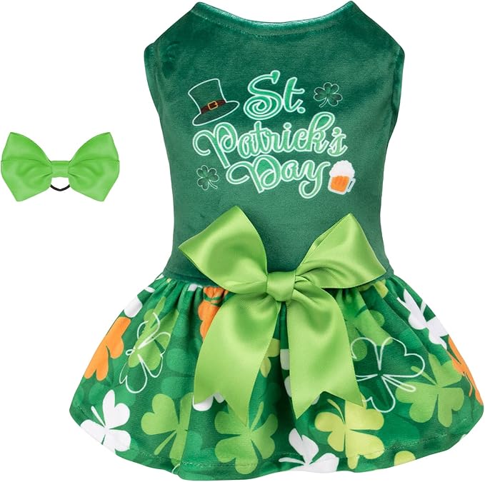 CuteBone St.Patrick's Day Dog Green Dress Velvet for Small Dogs Girl Puppy Dresses Clover Dog Clothes CVA13L-D
