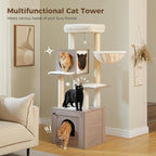 PETEPELA Cat Tree with Litter Box Enclosure, 2-in-1 Wood Cat Tower for Indoor Large Cats, 57.5'' Cat Condo with Scratching Posts, Cozy Hammock and Repalcable Dangling Balls, Grey