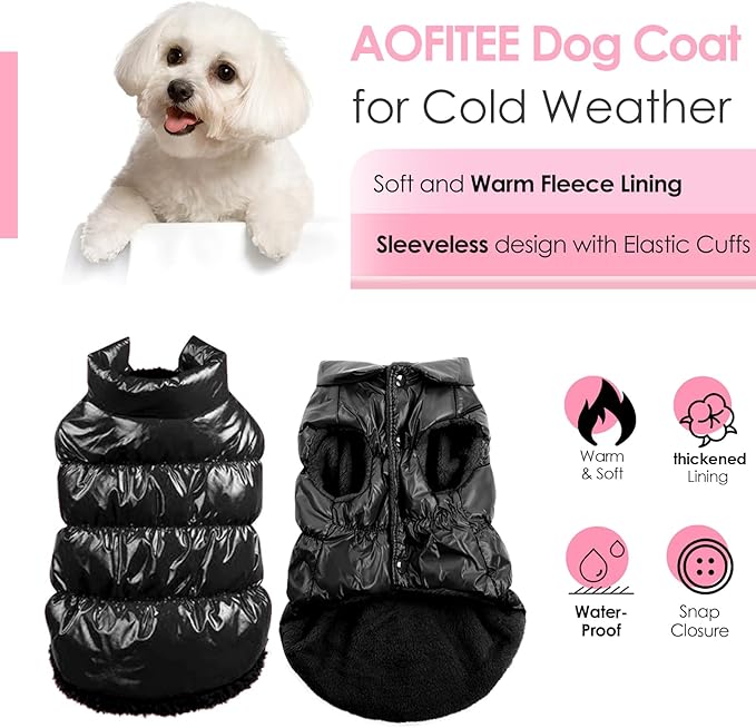 AOFITEE Dog Coat, Small Dog Coat Winter, Waterproof Dogs Jacket, Warm Fleece Dogs Snowsuit Pet Puffer Jacket, Windproof Pet Fleece Vest, Female Male Pets Cold Weather Coats Snow Jackets, Black, L